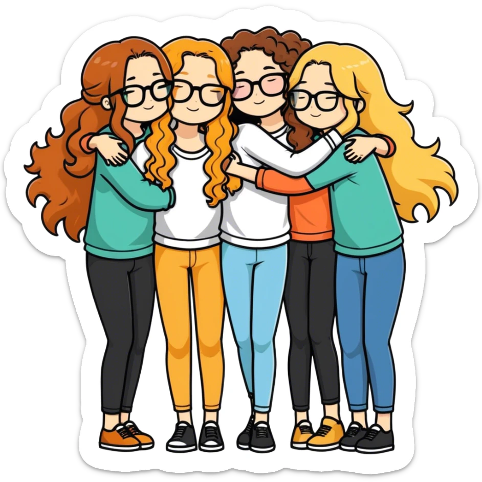Four girls one with long brunette hair one with long blonde hair one with long curly ginger hair and one with long blonde hair and glasses all hugging and white skin  sticker
