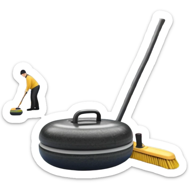 An icon showing a close-up of a curling stone sliding across the ice with a broom beside it. The scene is set in a brightly lit stadium, with detailed spectator stands in the background. Transparent background highlights the focus, skill, and atmosphere of the curling sport. sticker