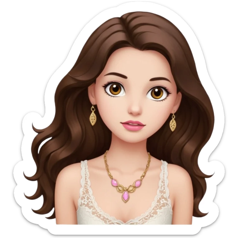 fair-skinned girl with dark brown, slim shaped eyes and long lashes. long, brown hair styled in a voluminous, wavy blowout. wearing a delicate white lace tank top and a dainty gold necklace, plump pink lips. sticker