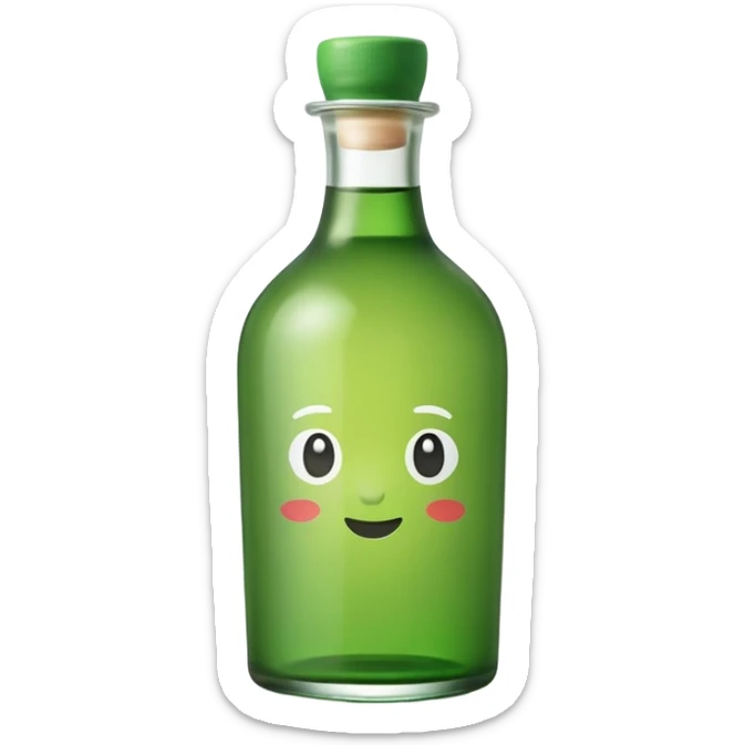 A clean, cute emoji-style green soju bottle, small Korean soju bottle with green glass, simple label in Korean style, minimal flat design, soft shading, centered, white or transparent background, high contrast, rounded friendly emoji look, 1:1 aspect ratio, app icon style sticker