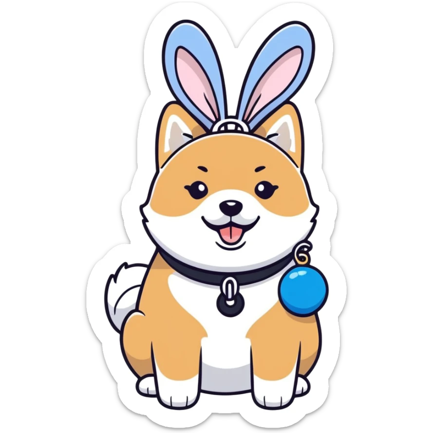 plump black shiba inu, blue bunny toy dangling from mouth, cheerful, suggestion of cheese smell, cartoon sticker style sticker