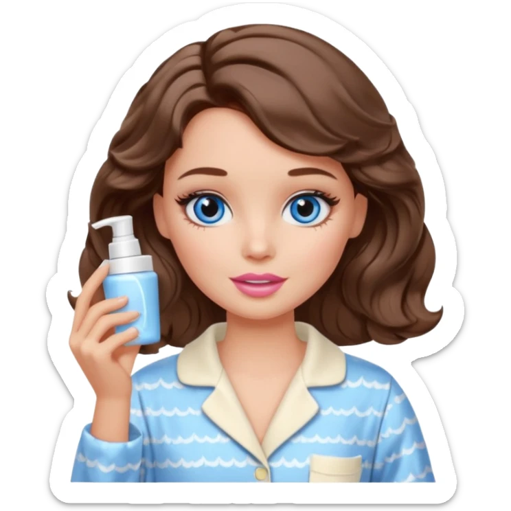 Barbie girl with makeup, blue eyes , and bob long haircut wavy, short brown hair in creamy color pajamas, face cream in hand sticker