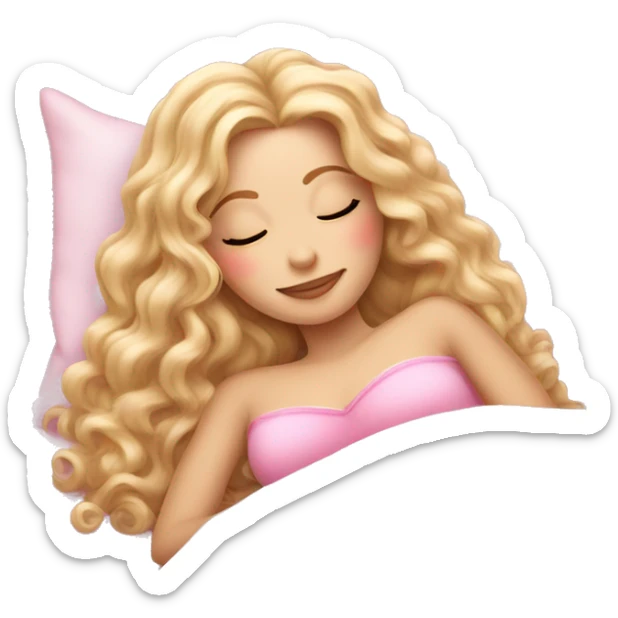 gorgeous white woman with long blonde curly hair sleeping on pink princess bed sticker