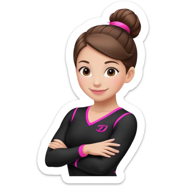 Happy female gymnast with brown hair in a neat bun, wearing a black uniform with neon pink elements. sticker