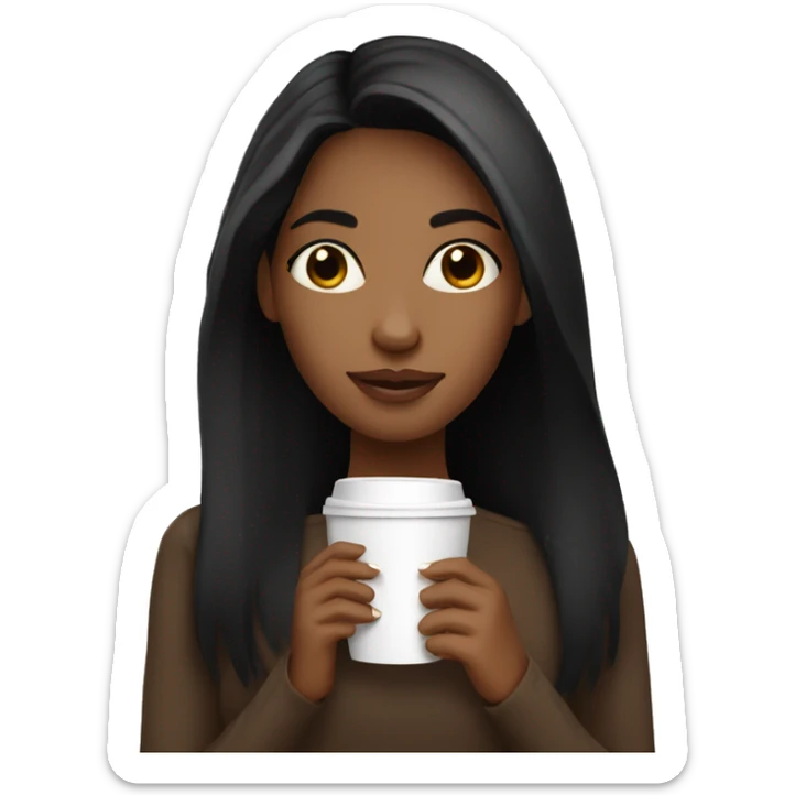 Brown skin girl with straight black hair holding coffee sticker