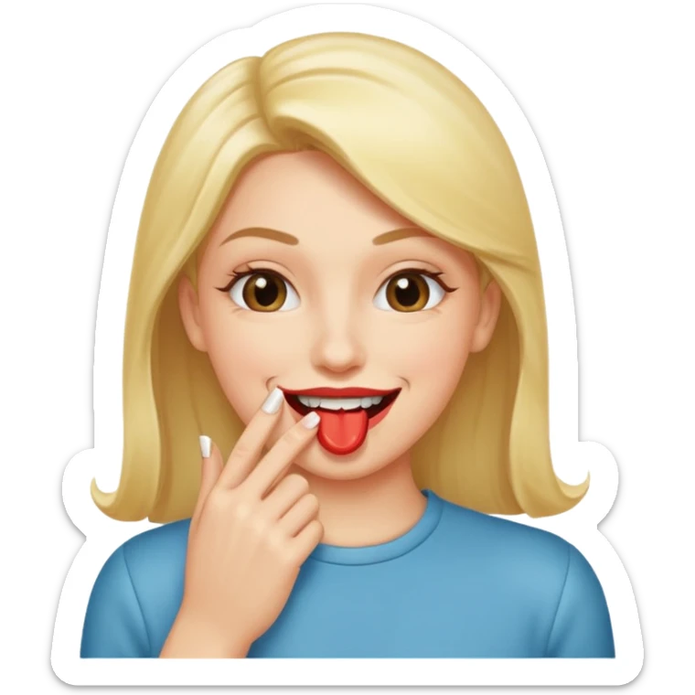 Una persona sonriendo y con labios gordos haciendo el gesto de meter el dedo en la boca y mordiendo la uña postiza  sticker