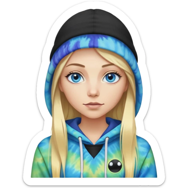 White woman with long blonde straight hair and blue eyes with long eyelashes and tiedye hoodie and a black beanie with an alien on it sticker