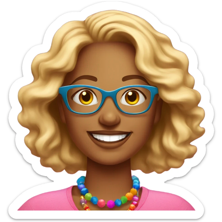  cheerful woman with wavy blonde hair and glasses, wearing a pink shirt and colorful beaded necklace, smiling brightly against a vibrant red background." setting on the moon sticker
