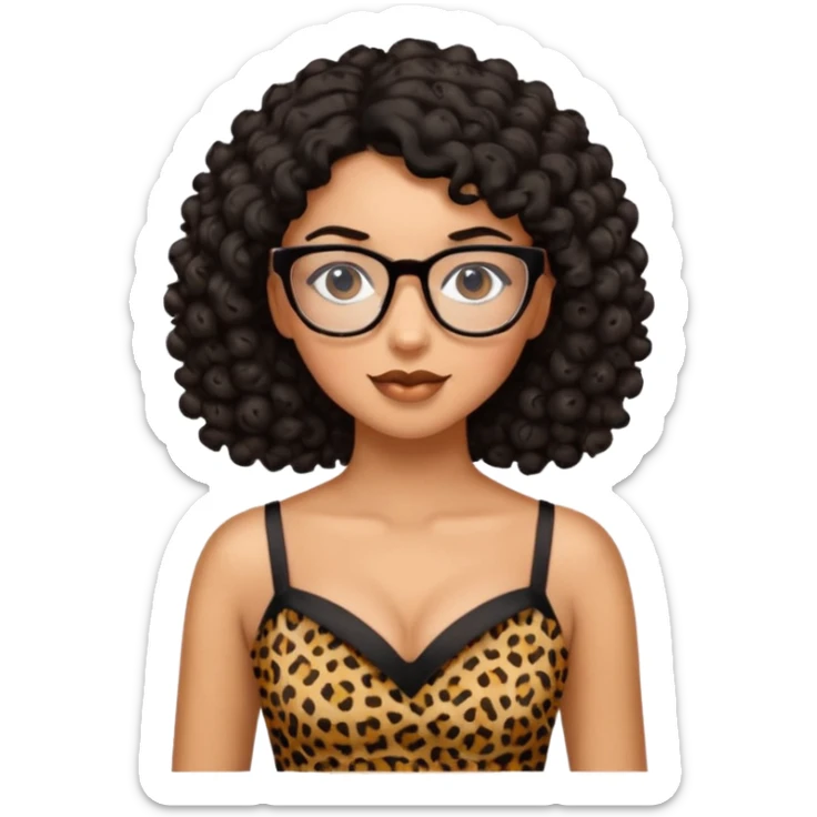 A women who wears glasses with a black curly hair, in a leopard print dress sweetheart neckline  sticker