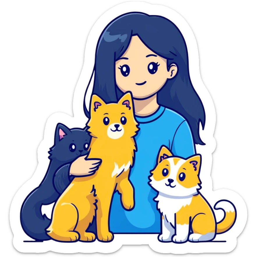 Woman with long black hair holding a blue and white long-haired cat and a golden retriever dog sticker