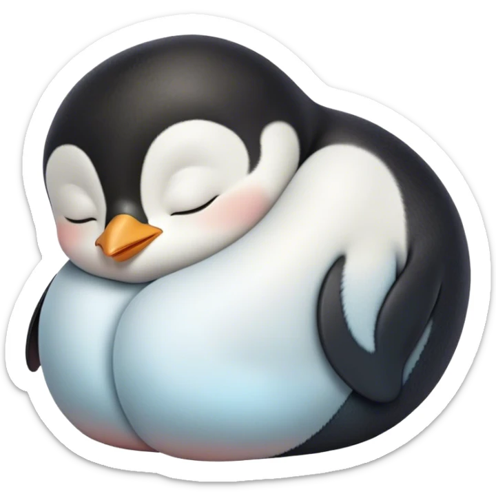 Meme-Worthy cute Sleeping Baby Penguin Portrait Emoji, Head resting peacefully with a contented smile, showcasing luxuriously soft down and a serene, slumbering gaze, Simplified yet hilariously adorable features, highly detailed, glowing with a soft, drowsy polar light, high shine, relaxed and utterly lovable, stylized with an air of playful laziness, bright and heartwarming, soft glowing outline, capturing the essence of a sleeping baby penguin that feels destined to become the next viral icon of adorable rest! sticker
