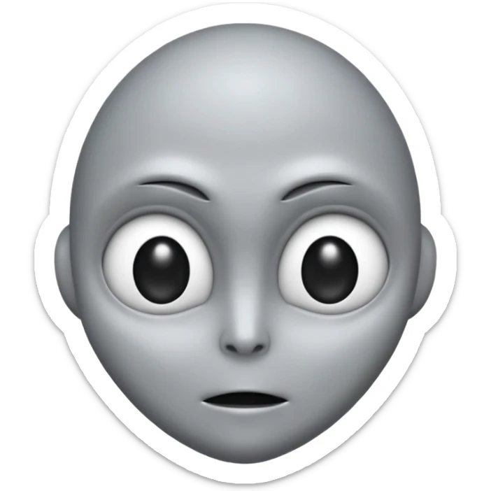 Grey alien head, black almond-shaped slanted eyes, pale grey skin, cartoon emoji, no background sticker