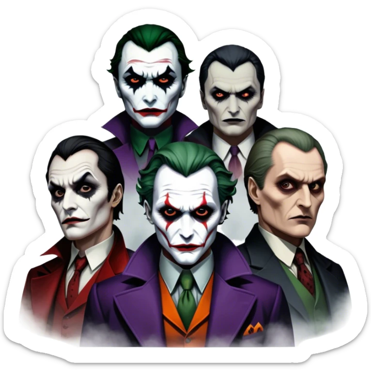 Thriller Movie Icon: A dark, intense collage with close-up images of iconic thriller characters like 1 Joker, 1 Hannibal Lecter, and 1 Vlad Dracula. The background features a moody Gotham City skyline, with shadowy figures and fog. Atmospheric, suspenseful tone. Transparent background. sticker