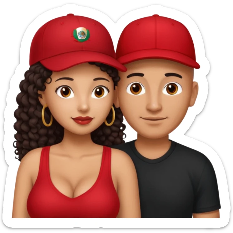 A picture of an embracing tanned couple. the man is a Mexican man with tanned skin, with a bald hair cut wearing a red baseball hat and wearing a black shirt. the woman is mixed, with glasses,  with long curly dark brown hair and with big boobs. Remove the glasses from the guy sticker