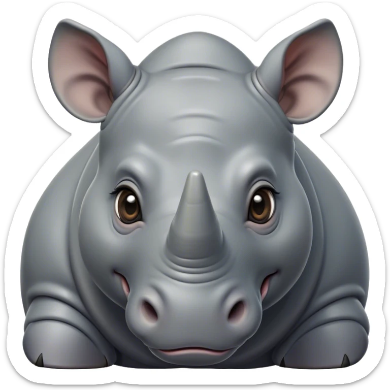 Cinematic Cute Rhinoceros Portrait Emoji, Head tilted playfully and inquisitively, featuring a rugged, glossy slate-gray hide with a gentle, rounded horn and round, sparkling eyes filled with curious wonder, Simplified yet irresistibly adorable features, highly detailed, glowing with a warm, friendly glow, high shine, affectionate and mighty, stylized with a touch of ancient charm, bright and endearing, soft glowing outline, capturing the essence of a mischievous yet loving rhinoceros, so playful it feels like it could stomp out of the screen and into your arms! sticker