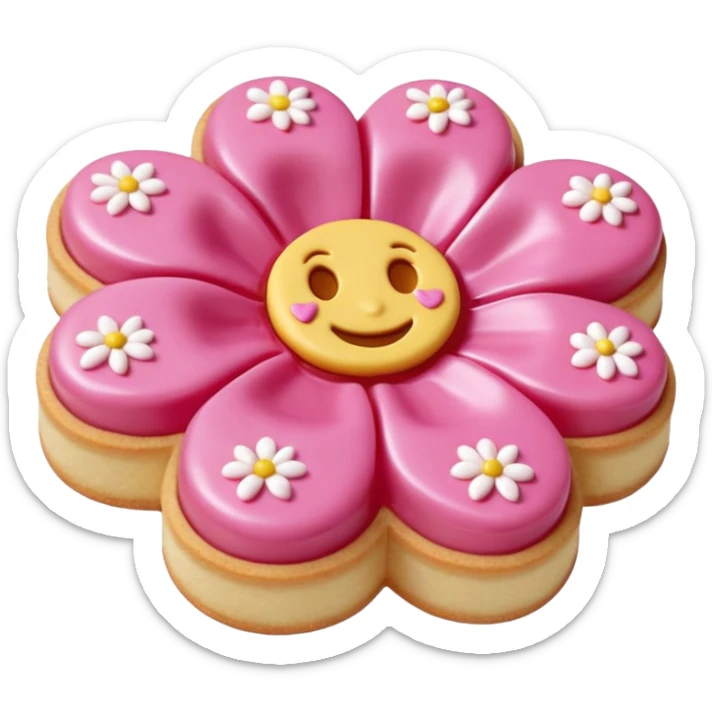 Realistic shortbread cookie in the shape of a camilia flower with pastel pink color jelly middle filling andkled powder sugar on top.emoj sprini sticker