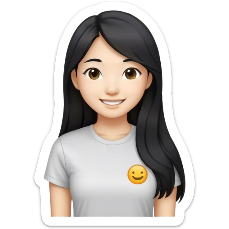 an asian girl with straight black and long hair, slight waves, smiling, wearing tshirt sticker