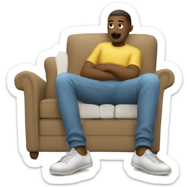 The image show a legs sitting on couch. They are wearing a dirty socks and no shoes. Their legs are extended, with one foot up in the air. The person is wearing white socks with the sole of the foot visible, one of which is on the floor. sticker