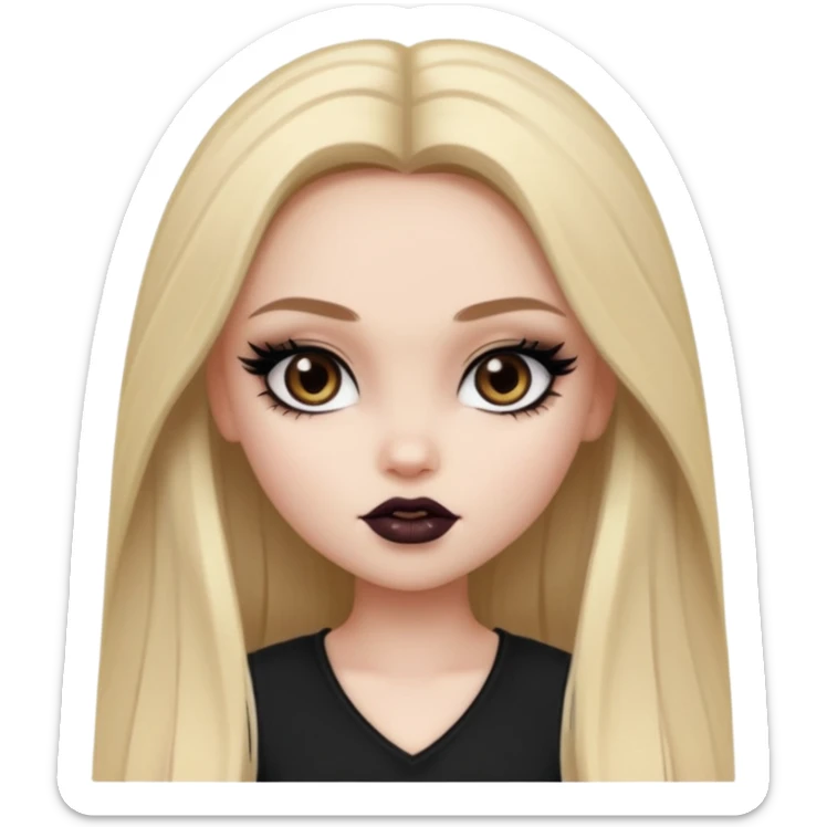 pale skin, girly bratz baddie, beautiful dark brown eyes, pretty black makeup, long dark blonde straight hair sticker