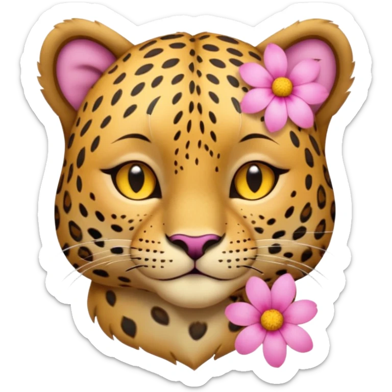 eyes closed, A leopard with peaceful smile, A pink flower with a yellow center is tucked behind its right ear
 sticker