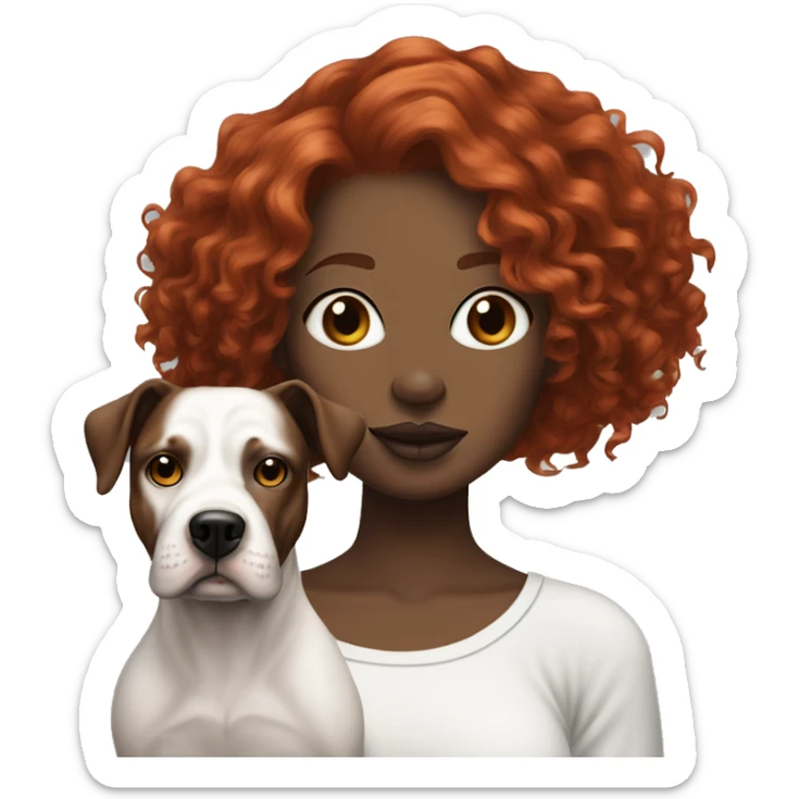 Long Red haired woman with septum piercing holding black and white English Staffordshire dog sticker