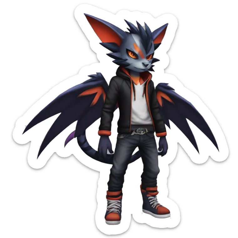 Cool Anthro Black Noivern-Absol-Litten-Pokémon with edgy stripes hoodie spiked collar punk Full Body sticker