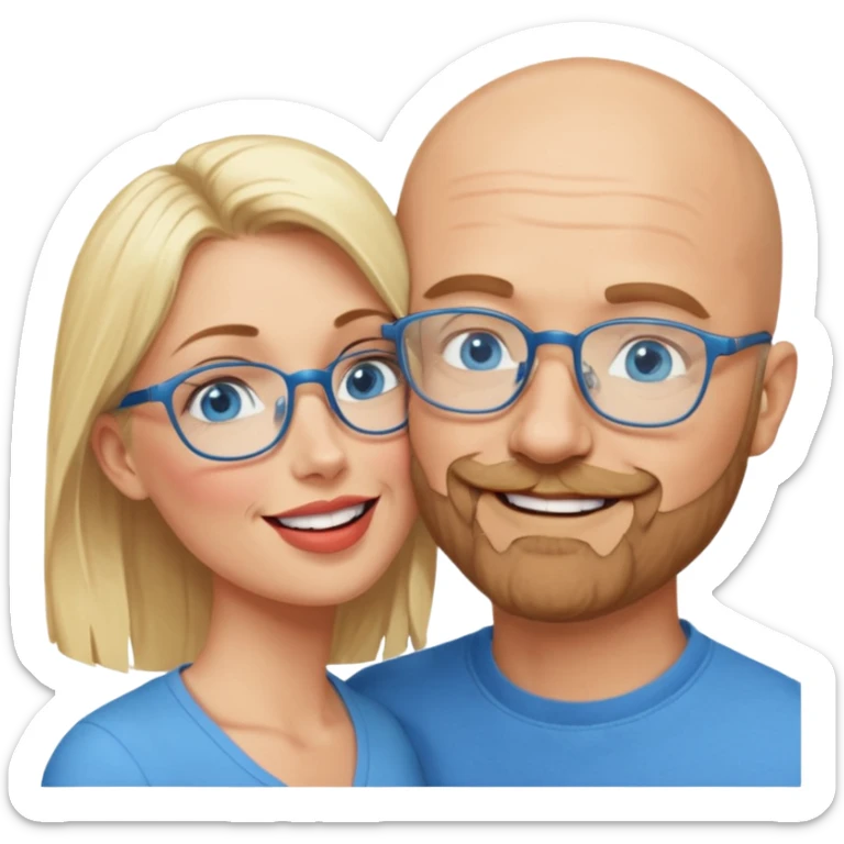 middle age bald man with heavy scruff, blue eyes and glasses.  Kissing blonde woman with blue eyes sticker