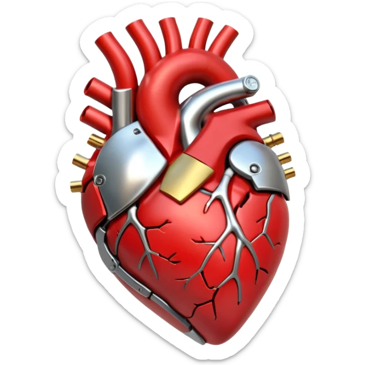 3D render of Mechanical Heart, futuristic cyborg aesthetic, fusion of organic skin and chrome metal, gold brass valves mixed with red muscle tissue, exposed wiring, emoji style, isolated on white background --v 6.0. sticker