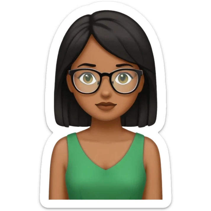 Genera a una chica morena de piel con pelo negro y lentes con vestido verde. sticker