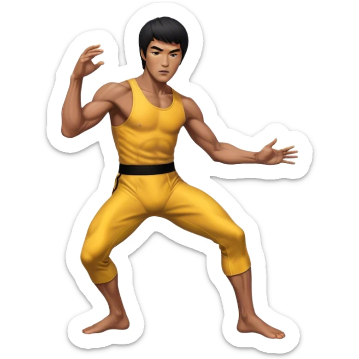 Cinematic Realistic portrait of Bruce Lee, shown as a legendary martial artist in a dynamic, powerful pose with modern athletic attire and finely detailed muscle definition, rendered in dramatic action lighting sticker