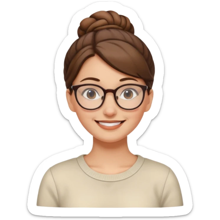 smiling white European woman with brown hair in a bun and glasses sticker