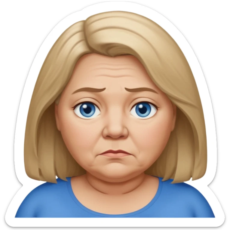 Head image of older very fat dark blonde woman with shoulder length hair and blue eyes. Neutral expression bordering on sad. sticker