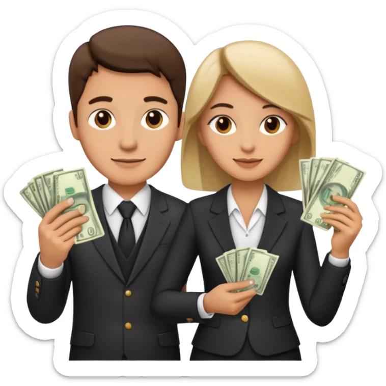 Una pareja (chico y chica de 28 años) vestidos con traje profesional y con dinero sticker
