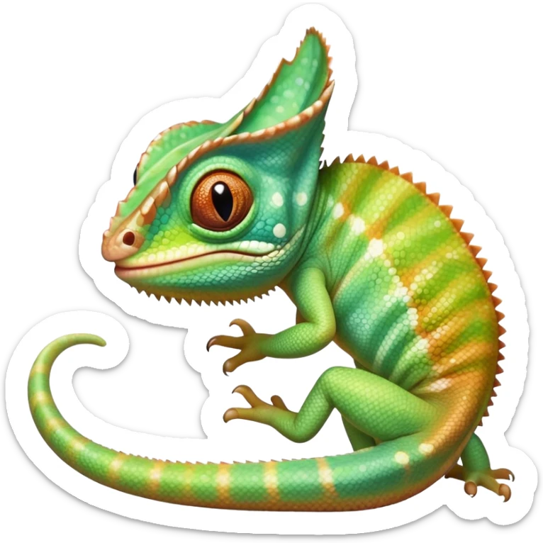 cinematic cute-smiling baby chameleon-realistic emoji,-blending-with-vibrant-greenery.-detailed-scales-in-shifting-colors,-showing-the-chameleon’s-ability-to-camouflage.-soft-natural-light-highlights-its-texture.-light-background, zoomed into its face sticker