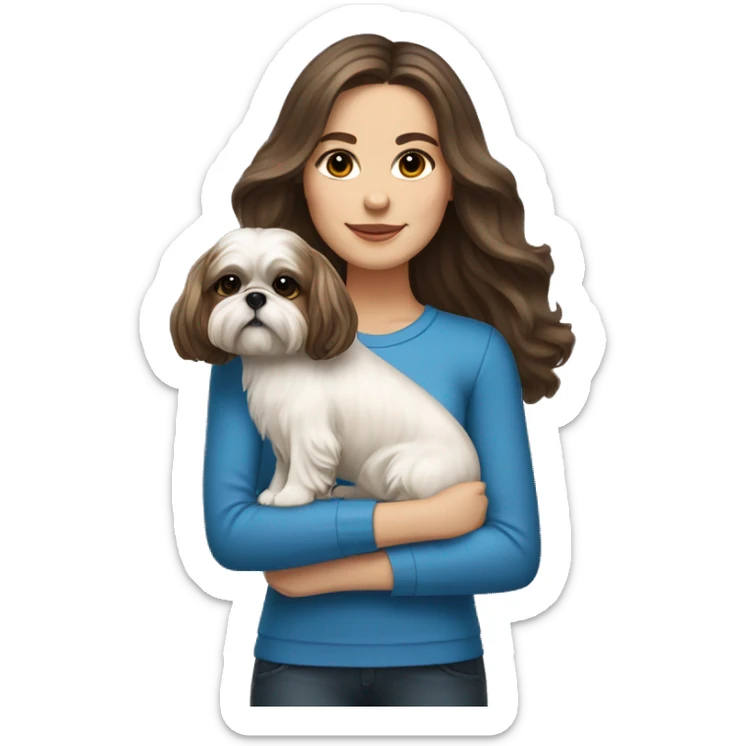 Young brunette hair woman with a cream shih tzu in her arms long wavy hair sticker