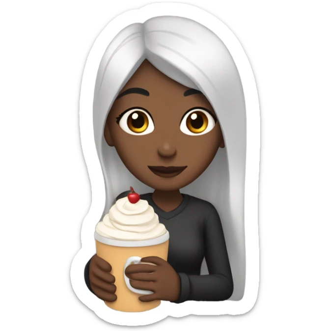 A girl with black hair enjoying a piece of victoria cake. She also has a cup of hot chocolate in her hand sticker