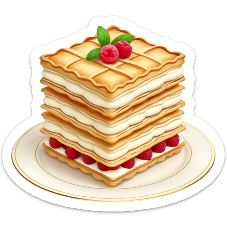 mille-feuille-cinematic-realistic-mille-feuille-dessert-emoji,-depicted-as-a-rectangular delicate-pastry-composed-of-two-crisp-layers-of-puff-pastry-with-a-rich-cream-filling,-rendered-with-intricate-textures-and-elegant,-soft-lighting. Please only show two layers only. sticker