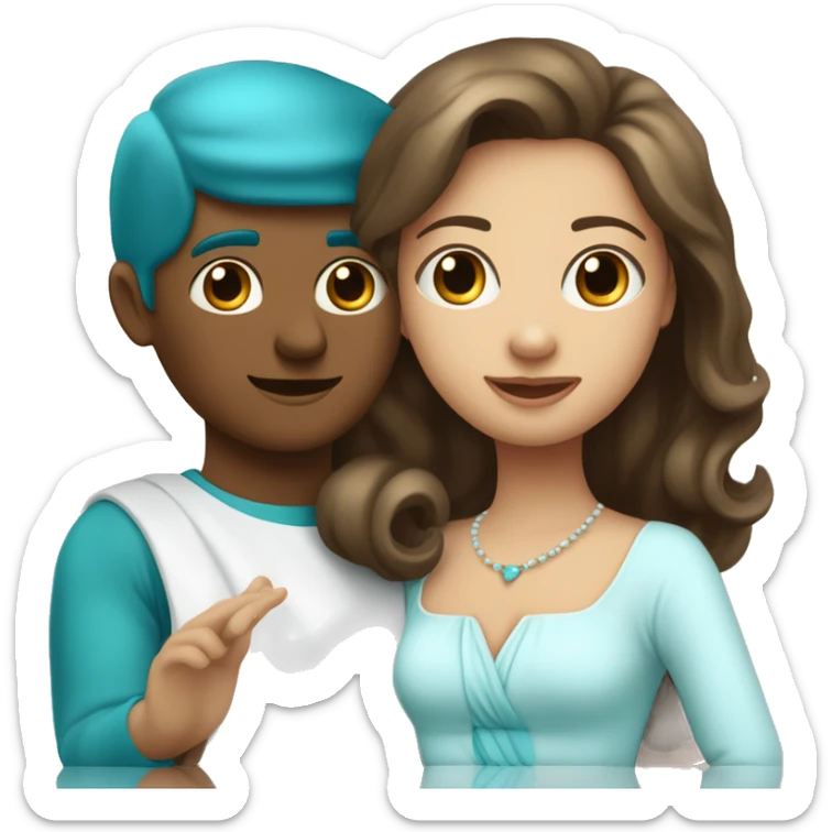 bal avec une fille blanche en robe bleu turquoise et un garçon métisse plus petit que la fille en costards  sticker