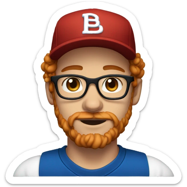 30 years old, male, red hair, curly hair, glasses, black baseball hat, blue eyes, pale complexion, stubble facial hair sticker