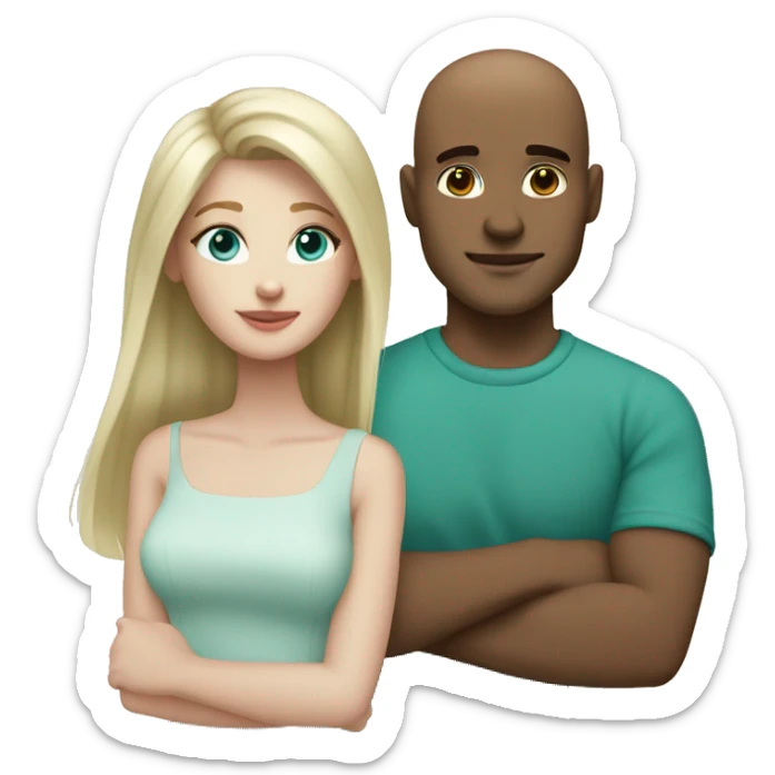 Couple. White skin. Male bald. Aqua eyes. Woman long blonde brown highlight hair. 35. Teal eyes.  sticker