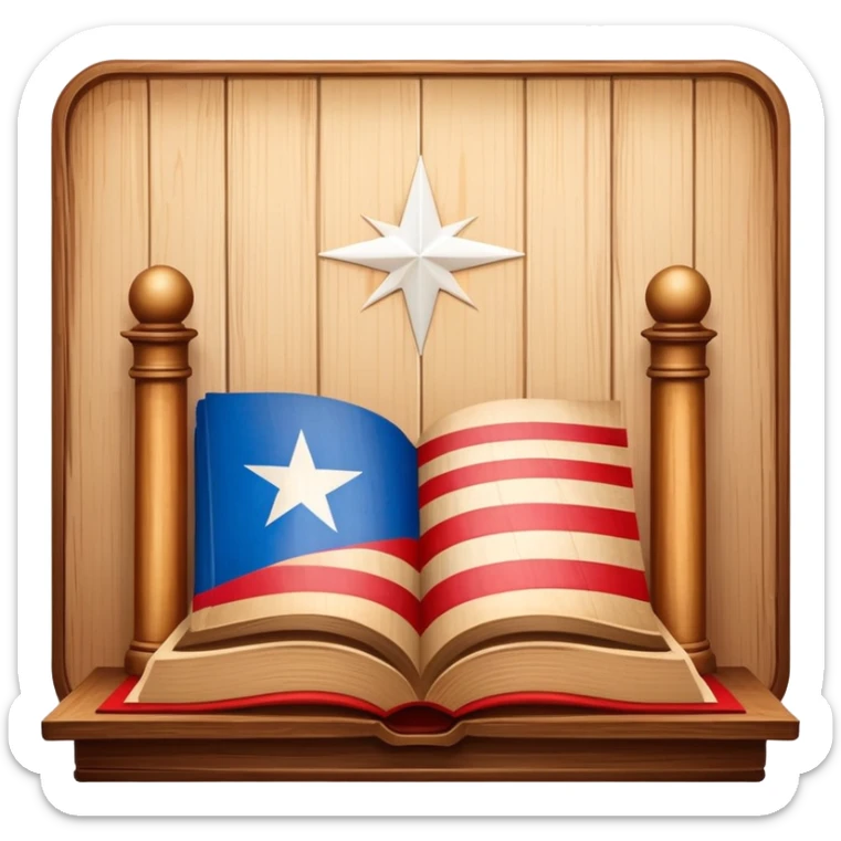 Timeless book icon with Puerto Rican flag design, wooden theater stage symbol, warm parchment and wood textures, gentle luminous aura, representing the history of Puerto Rican scenic design legacy sticker