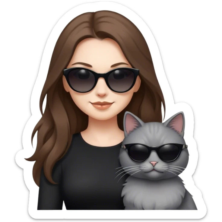 White woman with long brown hair wearing dark sunglasses and a black dress. She is smirking. next to her is a fluffy light grey cat who is also wearing dark sunglasses sticker