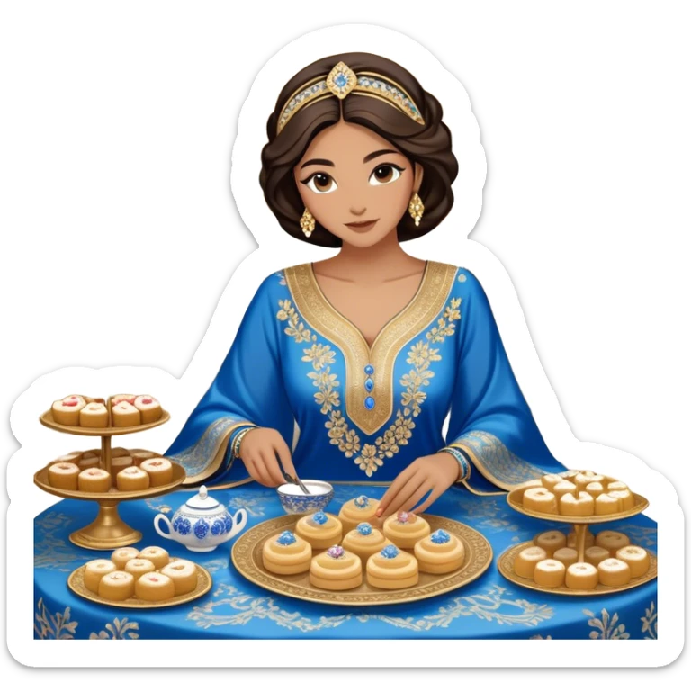 Arabian hospitality and tradition. A woman dressed in an elegant, intricately embroidered blue and gold kaftan sits gracefully at a lavish table filled with traditional sweets like luqaimat, pastries, and cakes, featuring silver tea sets, candles, and luxurious textiles sticker