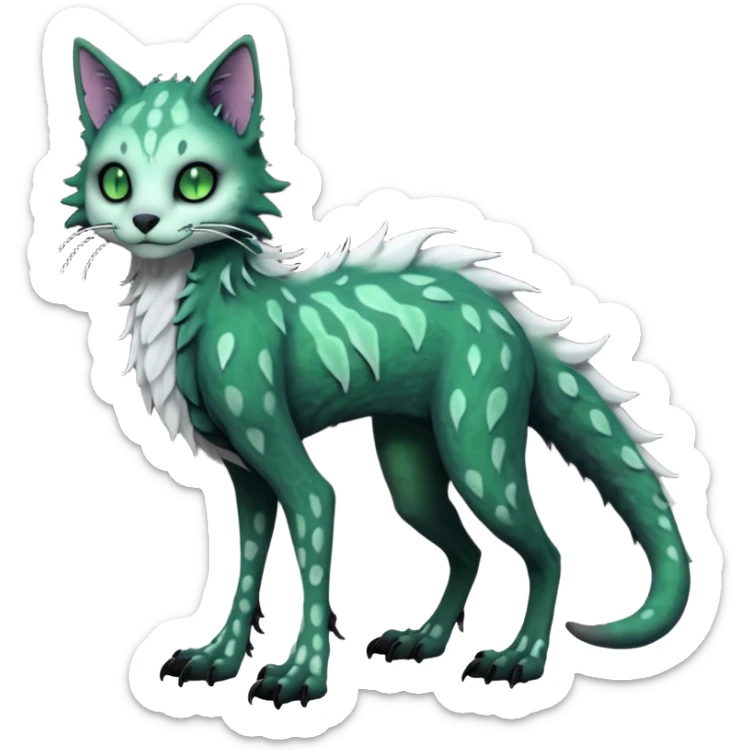Scaley Kawaii spectral spooky dark bleak blackish swampy white-skeletal gloomy ghostly dark greyish dark-deep-greenish foggy eldritch beautiful realistic edgy fantasy ghoul-like stitched feline-vernid-sergal-fursona animal creature with a tufted tail full body with intricate markings  sticker