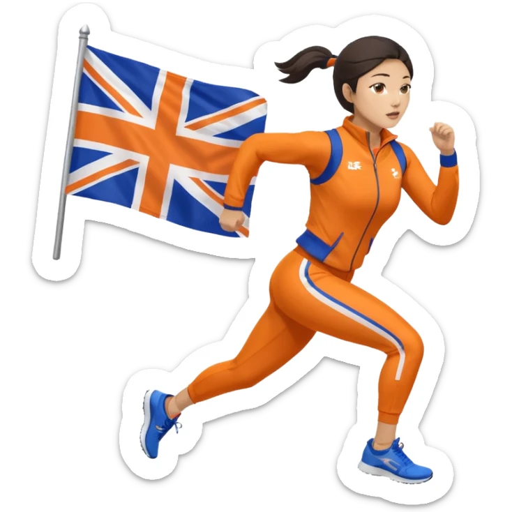 asian woman in orange sport suit and holding uk flag on the back, running sticker