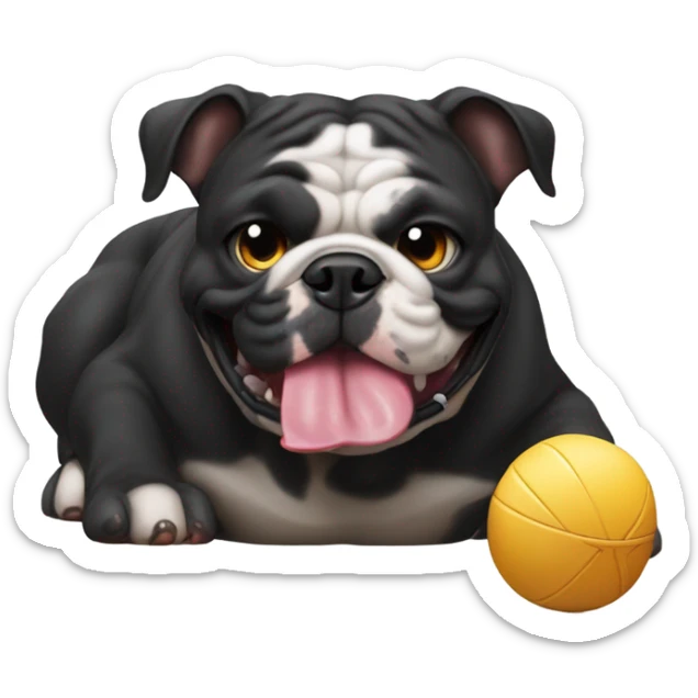Black furred English bulldog playing with a circular chew toy sticker