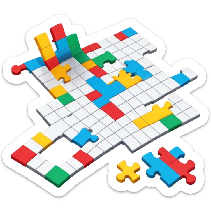 A photorealistic icon with a colorful, fragmented puzzle piece, a crossword magazine, a 3D puzzle, and a partially completed puzzle on a table. Bright, detailed design with realistic lighting. Transparent background, clearly symbolizing puzzles and brain games. sticker