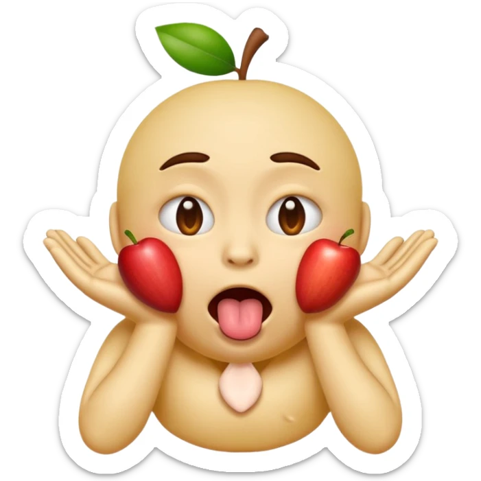 emoji face with hands around its own neck, eyes bulging, tongue out, expressing self-choking, apple emoji style sticker