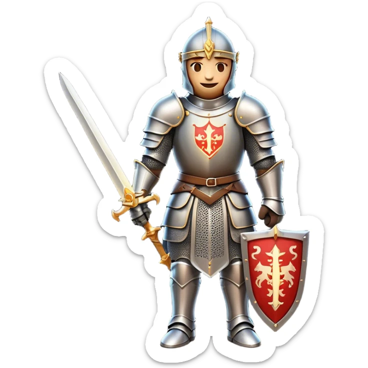 Clash of Clans aesthetic Cheerful Knight Portrait Emoji, With a radiant smile and an upright, confident stance, featuring an elegantly armored figure with intricate detailing and shining accents, his face in a natural skin tone, Simplified yet expressive features, highly detailed, glowing with a soft, luminous aura, high shine, upbeat and noble, stylized with an air of classic medieval heroism, soft glowing outline, capturing the essence of a cheerful knight ready to embark on legendary adventures! sticker