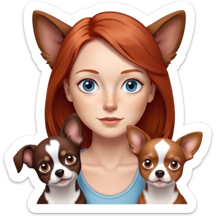 Woman with red, shoulder-length hair, gray-blue eyes, and freckles
4 Chihuahuas: one chocolate tan, one chocolate merle, one black and white, in brown and black sticker